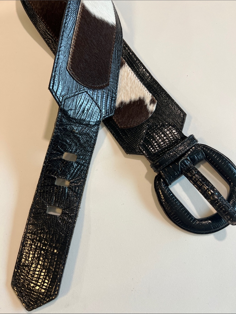 Leather Textured Belt with Cowhide Accent, vintage, embossed, no branding